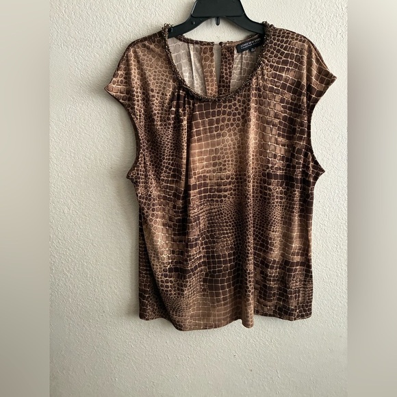 Jones New York Brown Animal Print Blouse With Rhinestones Chain NeckLine 3X - Picture 1 of 11